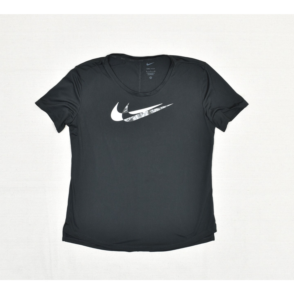 Nike Women T Shirt Short Sleeve Crew Neck Polyester Black Size S Dri Fit Swoosh